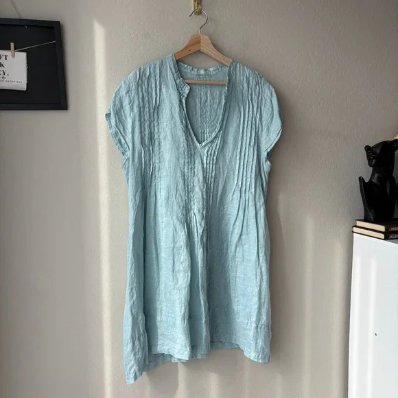 CP SHADES Linen Tunic Dress Regina Pleated V-Neck Short Sleeve Dress Size L CP SHADES Linen Tunic Dress Regina Pleated V-Neck Short Sleeve Dress Size L